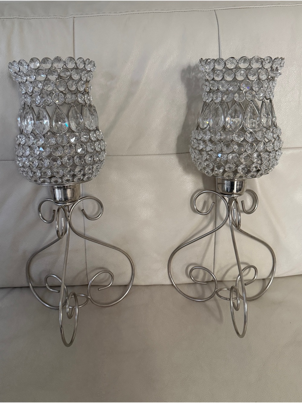 Crystal Beaded Silver Hurricane Candle Holders - Set of 2